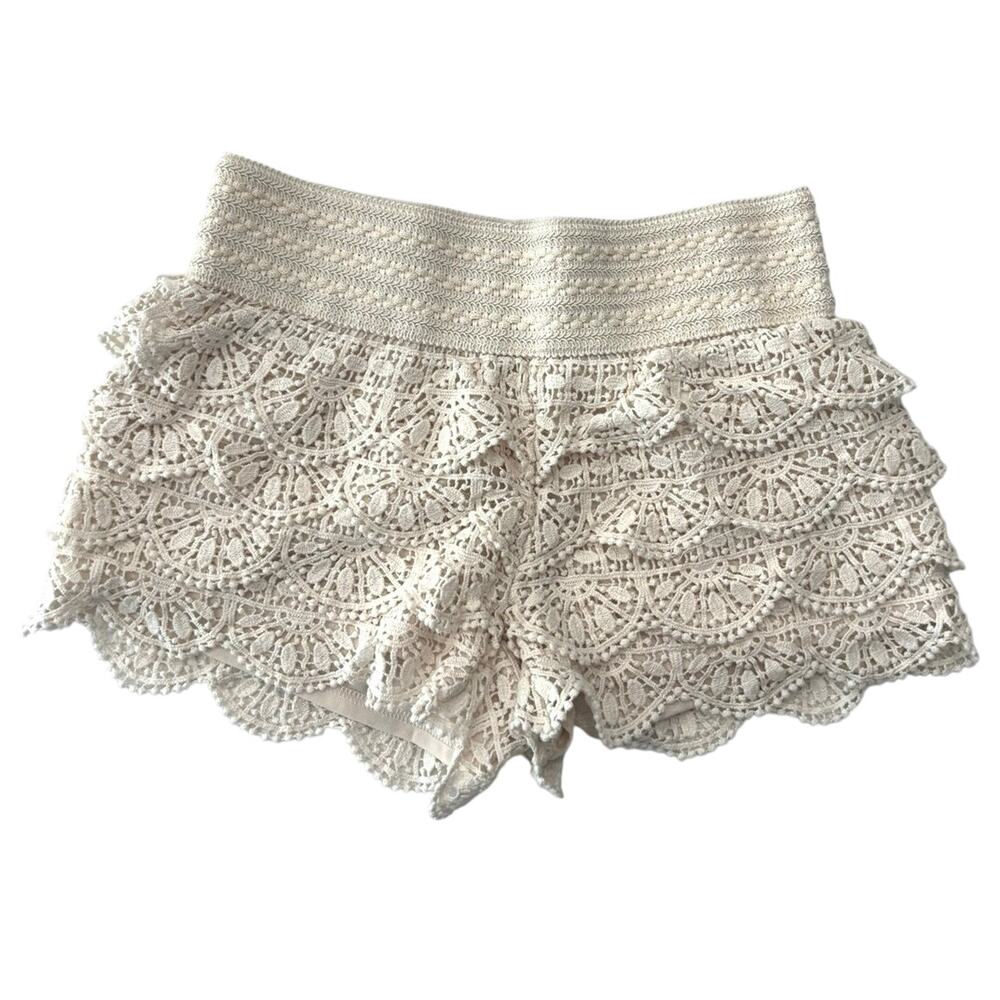 Rewind Cottagecore open crochet cream mini shorts sz S tiered lined boho fairy